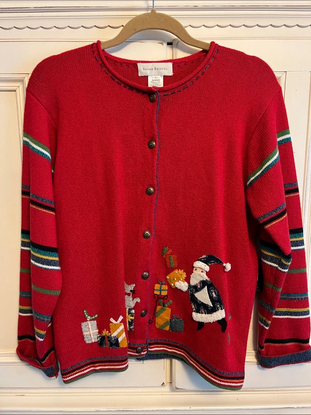 Susan Bristol Red Embroidered Santa Button-Up Cardigan